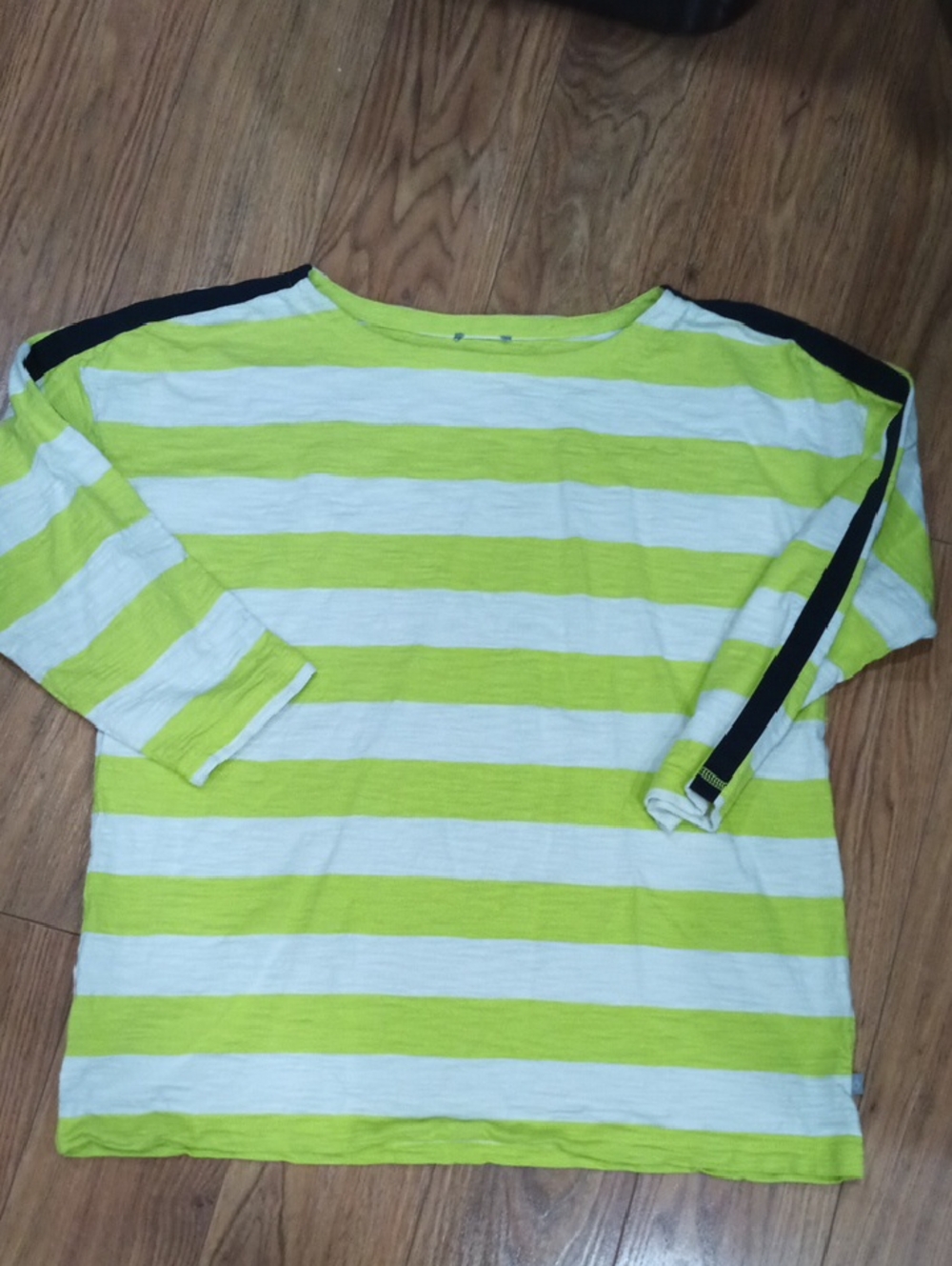 Talbots Lime Green and White Striped Boatneck Top with Black Shoulder Detail